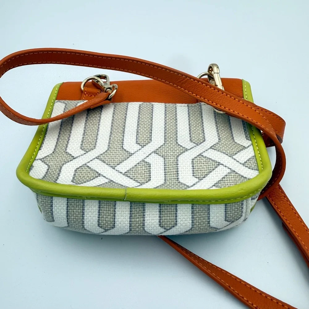 Spartina 449 Orange Leather Linen Geometric Crossbody Bag Lime Green Trim Gold